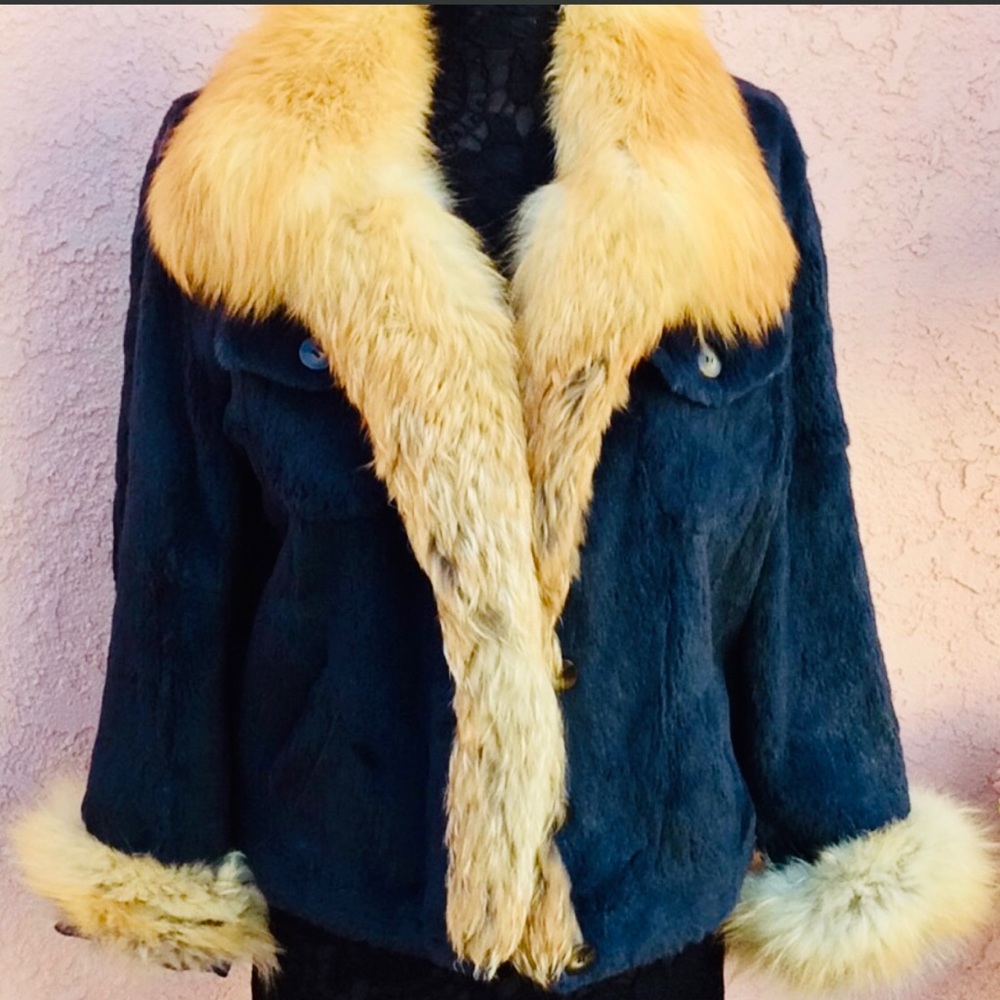 SHIRRED NAVY FUR & RED FOX TRIM JACKET L